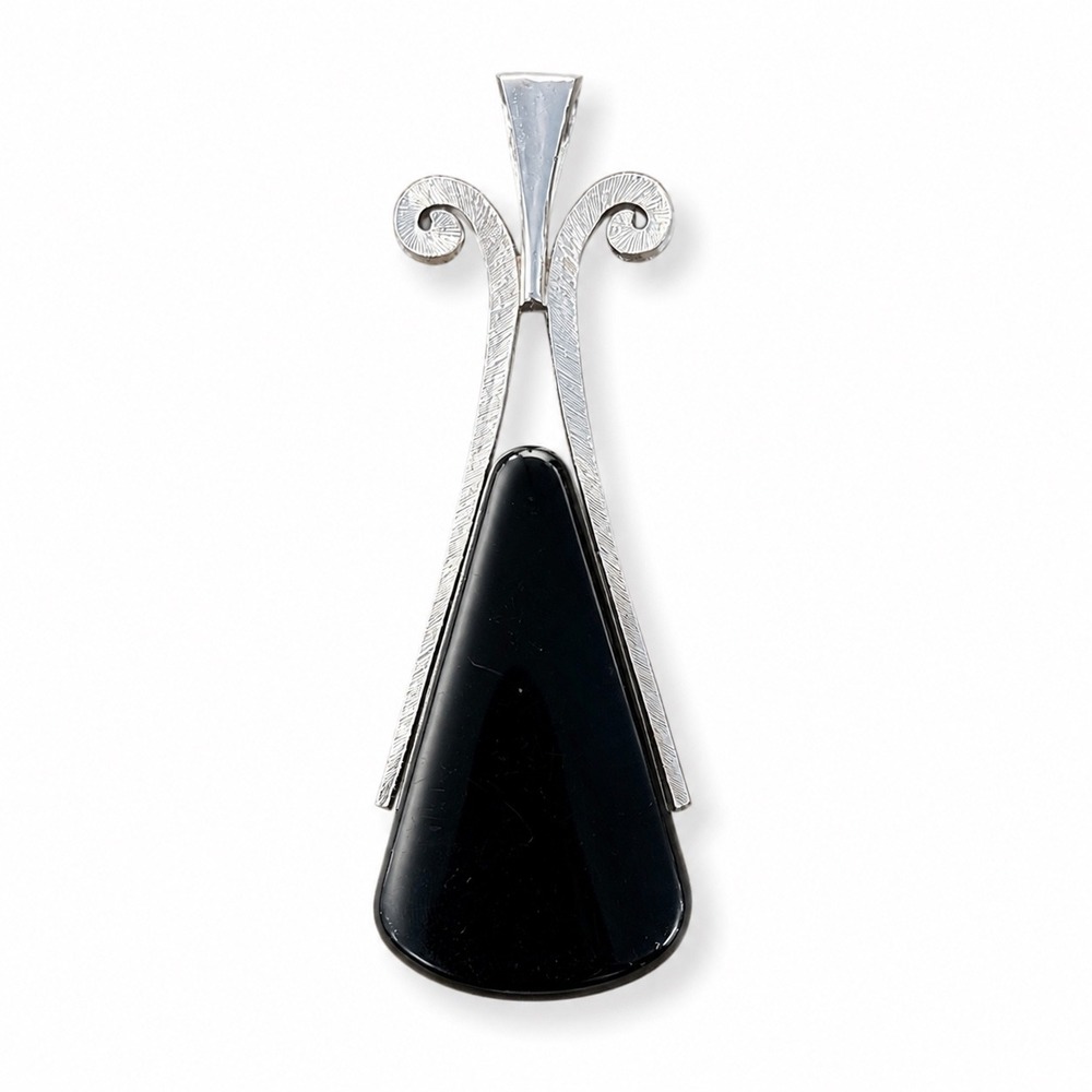 Vintage Avon Midnight Beauty Black Teardrop Pendant Silver Tone Scrolled Jewel